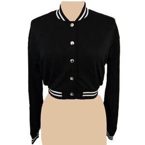 Halara Black LS Button-Up Cropped Bomber Varsity Jacket Stripe Ribbed Trim Small